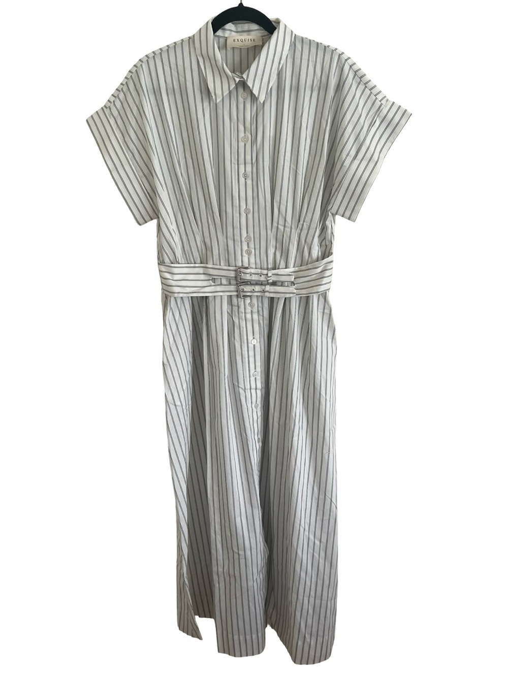 Exquise The Tobie Double Buckle Shirt Dress in White Black Stripe NWT Large